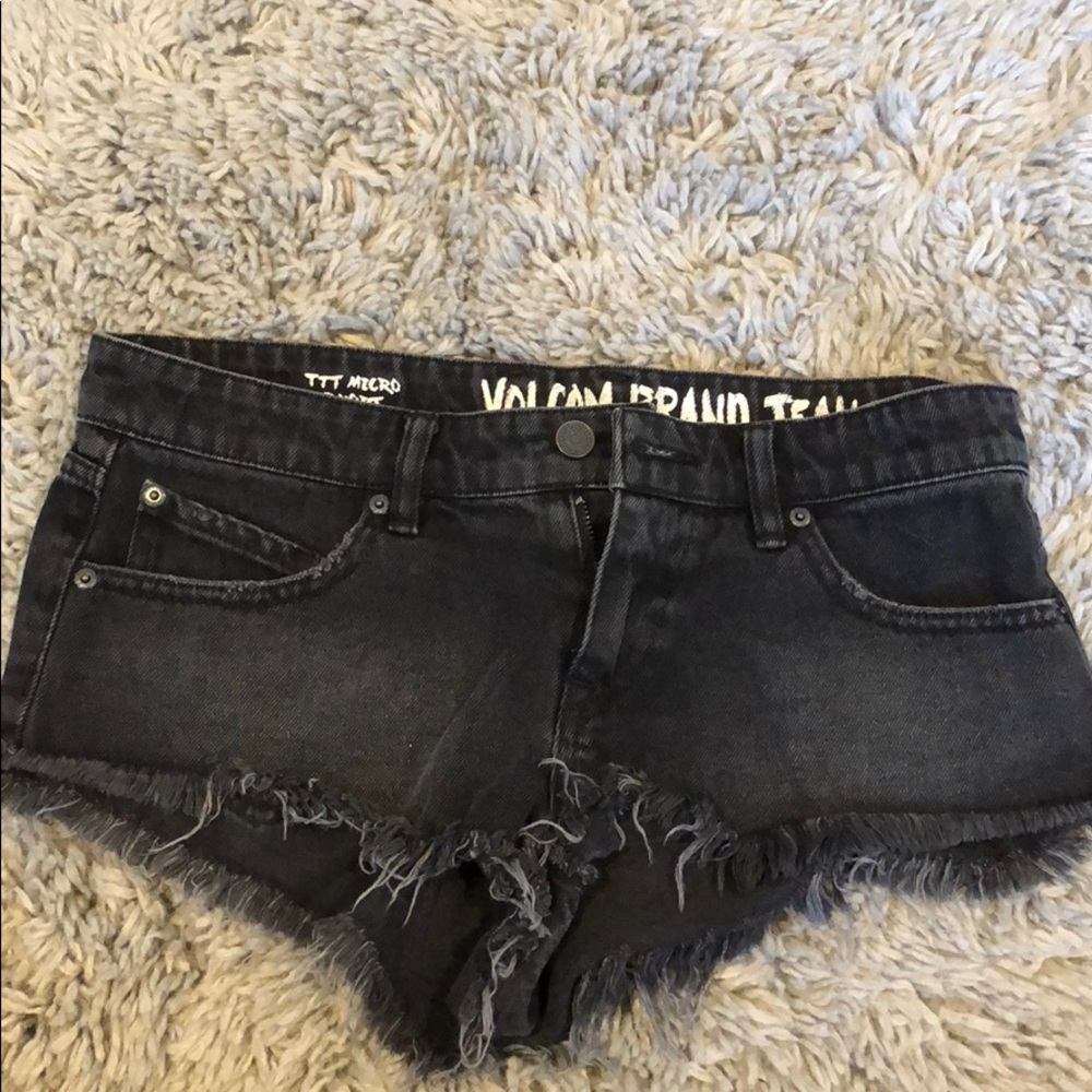 Volcom black denim fringe hem shorts